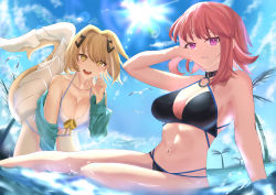 Rule 34 | 2girls, :d, alchemy stars, aqua jacket, bare arms, bare shoulders, bikini, black bikini, black choker, blonde hair, blue sky, breasts, character request, choker, cleavage, cloud, collarbone, commentary request, day, hair intakes, hair ornament, hiiro (alchemy stars), jacket, kaleid98731, large breasts, leaning forward, lens flare, long sleeves, looking at viewer, multiple girls, off shoulder, open mouth, outdoors, parted lips, pink hair, purple eyes, short hair, sitting, sky, smile, stomach, sun, swimsuit, tail, thighs, vice (alchemy stars), water, white bikini, yellow eyes