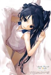 Rule 34 | 1girl, absurdres, bare shoulders, black eyes, black hair, blanket, breasts, covered erect nipples, hair ribbon, highres, long hair, lying, no bra, okazaki takeshi, on side, original, ribbon, shorts, small breasts, smile, solo, striped, twintails, under covers, upside-down