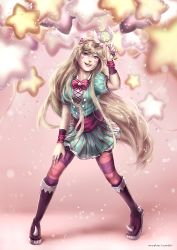 Rule 34 | 1girl, artist name, blonde hair, blue eyes, boots, dress, full body, green dress, hairband, heart cheeks, horns, knee boots, myetie, nail polish, open mouth, pantyhose, pink nails, realistic, ribbon, smile, solo, star (symbol), star butterfly, star vs the forces of evil, striped clothes, striped pantyhose, wand, wrist cuffs