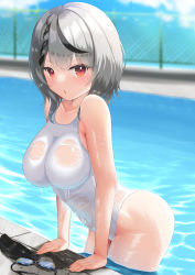 Rule 34 | 1girl, absurdres, black hair, blue sky, breasts, chain-link fence, cloud, day, fence, goggles, unworn goggles, grey hair, highres, hololive, large breasts, looking at viewer, medium hair, multicolored hair, one-piece swimsuit, outdoors, pool, poolside, red eyes, sakamata chloe, see-through, sky, solo, streaked hair, unworn swim cap, swimsuit, tobiiiiiii, virtual youtuber, wet, wet clothes, wet swimsuit, white one-piece swimsuit