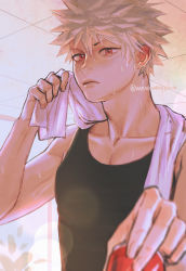 Rule 34 | 1boy, absurdres, artist name, bakugou katsuki, black tank top, blonde hair, blurry, blurry foreground, boku no hero academia, can, collarbone, depth of field, hair between eyes, hand up, highres, holding, indoors, looking at viewer, male focus, red eyes, short hair, solo, spiked hair, sweat, tank top, toned, toned male, towel, towel around neck, upper body, wengwengchim
