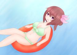Rule 34 | 1girl, absurdres, bikini, breasts, brown hair, chignon, cleavage, green bikini, highres, kantai collection, kisaragi (kancolle), large breasts, medium breasts, open mouth, purple eyes, solo, swimsuit