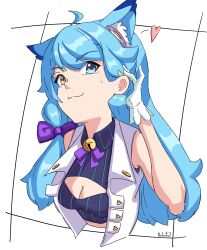 1girl :3 ahoge ai.mi_(omega_strikers) animal_ear_fluff animal_ears artist_name bell blue_eyes blue_hair blue_shirt bow breasts cat_ears cleavage cleavage_cutout clothing_cutout collared_shirt extra_ears gloves hair_bow hair_ornament heterochromia kalixto7d looking_at_viewer omega_strikers shirt simple_background sleeveless small_breasts solo sweatdrop upper_body vest white_gloves white_vest yellow_eyes