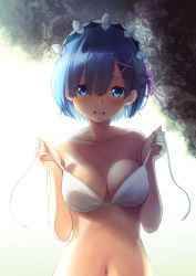 Rule 34 | 1girl, absurdres, backlighting, bikini, bikini top only, blue eyes, blue hair, blush, breasts, bright pupils, cleavage, collarbone, commentary request, eyes visible through hair, hair ornament, hair over eyes, hair ribbon, hairband, hands up, highres, holding, holding bikini, holding bikini top, holding clothes, holding swimsuit, large breasts, looking at viewer, navel, open mouth, pink ribbon, re:zero kara hajimeru isekai seikatsu, rem (re:zero), ribbon, saira, short hair, solo, split mouth, swimsuit, teeth, two-tone hairband, undressing, upper body, upper teeth only, white bikini, x hair ornament