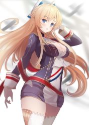 Rule 34 | 1girl, ascot, azur lane, blonde hair, blue eyes, braid, breasts, cleavage, commentary, cowboy shot, french braid, glorious (azur lane), gloves, headgear, highres, large breasts, long hair, long sleeves, looking at viewer, manjirou (manji illust), miniskirt, parted lips, sidelocks, skirt, solo, standing, thighhighs, white gloves, white thighhighs