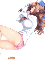 Rule 34 | 1girl, amagamido, ass, bare legs, blush, breasts, brown hair, closed eyes, cropped legs, highres, kumi (amagamido), large breasts, long hair, lying, on side, original, panties, pillow, pink panties, shiny skin, shirt, side ponytail, simple background, sleeping, solo, underwear, white background, white shirt