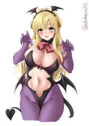 Rule 34 | 1girl, alternate costume, blonde hair, blush, breasts, cleavage, cowboy shot, demon girl, demon tail, demon wings, double bun, ebifurya, elbow gloves, fake wings, fang, fangs, fletcher (kancolle), gloves, hair bun, hairband, halloween, halloween costume, head wings, highres, kantai collection, large breasts, lips, long hair, looking at viewer, navel, pantyhose, purple gloves, purple pantyhose, ribbon, simple background, solo, stomach, tail, twitter username, white background, winged hairband, wings, yellow eyes