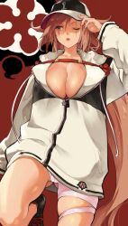 Rule 34 | 1girl, amputee, baiken, bandages, breasts, cleavage, coat, facial mark, gluteal fold, guilty gear, hat, highres, huge breasts, jako (toyprn), leg up, one-eyed, open mouth, pink hair, ponytail, red background, scar, scar across eye, scar on face, shaded face, simple background, skindentation, solo, thick thighs, thighs, white coat, zipper, zipper pull tab