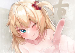 Rule 34 | 1girl, ;), akai haato, blonde hair, blush, breasts, commentary request, glass writing, green eyes, hair ornament, heart, heart hair ornament, highres, hololive, long hair, looking at viewer, magowasabi, nail polish, nude, one eye closed, one side up, smile, solo, translation request, upper body, virtual youtuber