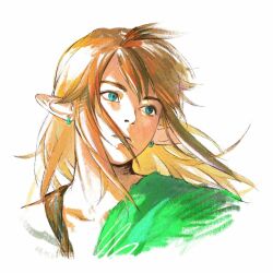Rule 34 | 1boy, aizheajsee, blonde hair, blue eyes, brown hair, closed mouth, copyright request, earrings, floating hair, frown, highres, jewelry, link, long hair, looking to the side, male focus, nintendo, pointy ears, portrait, simple background, solo, swept bangs, the legend of zelda, white background