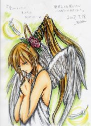 Rule 34 | 1girl, blonde hair, dated, closed eyes, feathers, hands on own chest, long hair, maon, marker (medium), millipen (medium), original, ponytail, praying, profile, signature, sketch, solo, traditional media, wings
