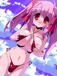 Rule 34 | 10s, 1girl, alternate breast size, alternate hairstyle, bikini, blush, breasts, breasts squeezed together, cloud, criss-cross halter, day, halterneck, kaname madoka, large breasts, long hair, looking at viewer, mahou shoujo madoka magica, mahou shoujo madoka magica (anime), miuku (marine sapphire), pink hair, red bikini, red eyes, solo, swimsuit, thigh gap, twintails, wet