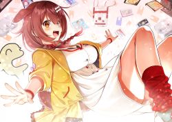 Rule 34 | 1girl, :d, animal ears, bone hair ornament, breasts, brown hair, cartoon bone, commentary request, dog ears, dog girl, dress, fangs, hair ornament, highres, hololive, inugami korone, inugami korone (1st costume), jacket, large breasts, looking at viewer, open mouth, orange eyes, outstretched arms, smile, socks, solo, takahashi osamu, teeth, upper teeth only, virtual youtuber, white dress, yellow jacket