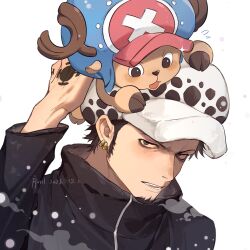 Rule 34 | 2boys, animal ears, antlers, black eyes, black hair, black jacket, blue headwear, blush, carrying, carrying person, close-up, dated, deer ears, earrings, facial hair, furry, furry male, goatee, hand tattoo, hat, highres, hooves, horns, jacket, jewelry, jyukawa, multiple boys, one piece, open mouth, reindeer antlers, short hair, sideburns, snow, sparkle, tattoo, tony tony chopper, trafalgar law, white background, x
