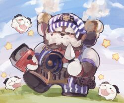 Rule 34 | 1boy, alternate costume, beard, cloud, day, facial hair, highres, holding, league of legends, male focus, nakiyande, ornn, outdoors, pants, poro (league of legends), short sleeves, smile, standing, striped clothes, striped headwear, striped pants, tongue, tongue out