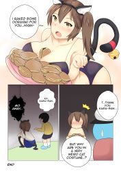 Rule 34 | 10s, 1girl, 2boys, absurdres, admiral (kancolle), alternate costume, animal ears, bad id, bad pixiv id, bell, between breasts, breasts, cat ears, cat tail, comic, crossover, doraemon, doraemon (character), dorayaki, english text, food, hat, highres, kaga (kancolle), kantai collection, multiple boys, nobi nobita, peaked cap, plate, tail, tail bell, tail ornament, wagashi, wangphing