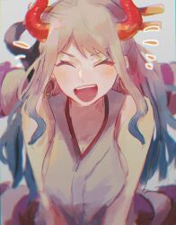 Rule 34 | 1girl, blue hair, close-up, closed eyes, commentary request, earrings, hair ornament, highres, horns, japanese clothes, jewelry, kimono, machida 0906, multicolored hair, one piece, open mouth, ponytail, red horns, rope, shimenawa, sidelocks, simple background, sleeveless, sleeveless kimono, solo, upper body, white background, white hair, white kimono, yamato (one piece)