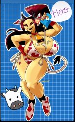 Rule 34 | 1girl, animal ears, animal print, bikini, breasts, brown hair, cow ears, cow horns, cow print, cow tail, eyeshadow, fatal fury, fingerless gloves, gloves, hand on own hip, heart, highres, horns, huge breasts, large breasts, lipstick, long hair, makeup, milk, milk carton, milk on breasts, nail polish, one eye closed, ponytail, red nails, shiranui mai, smile, socks, speech bubble, swimsuit, tail, tanksley clyde, the king of fighters, thick thighs, thighs, wink