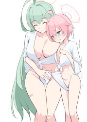 Rule 34 | 1futa, 1girl, absurdres, blue archive, blush, breast press, breasts, bulge, closed eyes, clothes, embarrassed, erection, erection under clothes, fundoshi, futa with female, futanari, green hair, highres, hoshino (blue archive), japanese clothes, large breasts, long hair, multicolored eyes, multiple girls, partially undressed, penis, pink hair, short hair, simple background, small breasts, smile, white background, yume (blue archive)