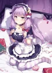 Rule 34 | 1girl, alternate costume, apron, bed, black choker, black dress, blue bow, book, bow, breasts, choker, commentary request, crescent, crescent hair ornament, dress, enmaided, flower, glasses, hair ornament, indoors, long hair, looking at viewer, maid, maid apron, maid headdress, medium breasts, miyase mahiro, no shoes, pantyhose, patchouli knowledge, petals, petticoat, pillow, pink flower, puffy short sleeves, puffy sleeves, purple eyes, purple hair, purple legwear, red bow, shadow, short dress, short sleeves, sitting, smile, solo, striped clothes, striped legwear, striped pantyhose, touhou, unworn eyewear, waist apron, wariza, white apron, white legwear, wrist cuffs