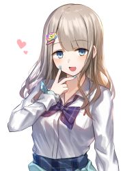Rule 34 | 1girl, :d, absurdres, blue nails, blue skirt, bow, breasts, brown hair, clothes around waist, collared shirt, commentary request, dress shirt, hair ornament, hairclip, hand up, heart, highres, hoshimiya aki, idolmaster, idolmaster shiny colors, long hair, looking at viewer, nail polish, open mouth, plaid, plaid skirt, purple bow, school uniform, serizawa asahi, shirt, simple background, skirt, small breasts, smile, solo, upper body, v, white background, white shirt