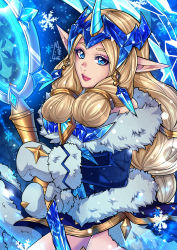 Rule 34 | 1girl, absurdres, alternate eye color, alternate hair color, artist name, blue background, blue dress, blue eyes, braid, collarbone, detached sleeves, dress, fur trim, hair ornament, highres, holding, holding staff, horns, huge filesize, league of legends, long hair, looking at viewer, maiulive, mitterns, pointy ears, side braids, single horn, snowflakes, snowing, solo, soraka (league of legends), staff, very long hair, winter, winter wonder soraka