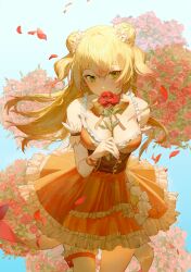 Rule 34 | 1girl, absurdres, arm behind back, blonde hair, blue background, blush, breasts, circle skirt, cleavage, closed mouth, corset, cowboy shot, cutout above navel, double bun, dress, floral background, flower, frilled dress, frilled shirt, frills, gradient hair, green eyes, hachiman (rogeri39), hair between eyes, hair bun, hair flower, hair ornament, highres, holding, holding flower, hololive, large breasts, long hair, momosuzu nene, momosuzu nene (1st costume), multicolored hair, orange dress, pink hair, red flower, red rose, rose, shirt, single thighhigh, solo, thighhighs, two side up, underbust, virtual youtuber, white thighhighs
