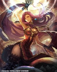 Rule 34 | 1girl, armpits, bare shoulders, breasts, cape, cleavage, commentary request, company connection, copyright name, dress, earrings, fire emblem, fire emblem cipher, fire emblem echoes: shadows of valentia, gloves, jewelry, lace, lace-trimmed legwear, lace trim, long hair, nintendo, official art, outdoors, purple hair, sleeveless, solo, sonya (fire emblem gaiden), thighhighs, thighs, tiara, zettai ryouiki