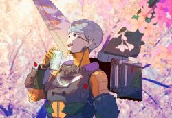 Rule 34 | 1girl, apex legends, bodysuit, brown eyes, cup, flower, grey hair, hair behind ear, headset, holding, holding cup, jetpack, looking up, missile pod, mizu cx, open mouth, orange bodysuit, short hair, solo, upper body, valkyrie (apex legends)