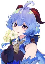 Rule 34 | 1girl, absurdres, ahoge, bare shoulders, bell, blue bow, blue gloves, blue hair, bodysuit, bow, breasts, closed mouth, detached sleeves, flower, ganyu (genshin impact), genshin impact, gloves, hair between eyes, hair bow, hand up, highres, holding, holding flower, llsgk, long hair, long sleeves, looking at viewer, medium breasts, neck bell, ponytail, purple bodysuit, purple eyes, sidelocks, simple background, smile, solo, upper body, white background, yellow flower