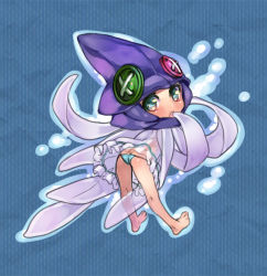 Rule 34 | 1girl, ass, barefoot, bikini, blue background, blue bikini, blue eyes, blush, button eyes, buttons, commentary request, dress, full body, hat, looking at viewer, looking back, no arms, okishiji en, open mouth, ragnarok online, sedora, see-through, see-through dress, solo, squid hat, swimsuit, tentacle hair, white dress