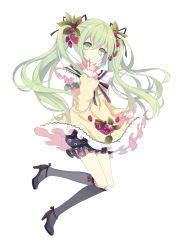 Rule 34 | 1girl, 6 yin, black socks, bloomers, food, food-themed hair ornament, fruit, full body, green eyes, green hair, hair ornament, hatsune miku, high heels, kneehighs, long hair, looking at viewer, matching hair/eyes, open mouth, socks, solo, strawberry, strawberry hair ornament, strawberry miku (tantan), twintails, underwear, very long hair, vocaloid, white background