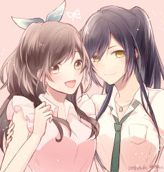 Rule 34 | 1girl, 2girls, :d, bare arms, black hair, blue bow, bow, breasts, brown eyes, brown hair, cleavage, collarbone, dog tags, frills, hair bow, highres, holding another&#039;s arm, idolmaster, idolmaster shiny colors, jewelry, large breasts, long hair, looking at viewer, multiple girls, necktie, open mouth, ponytail, ribbon, school uniform, shirase sakuya, shirt, side-by-side, skirt, sleeveless, smile, tokitoba ai, tsukioka kogane, yellow eyes