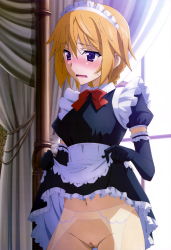 Rule 34 | 10s, 1girl, absurdres, black gloves, blonde hair, blush, charlotte dunois, cleft of venus, clothes lift, elbow gloves, embarrassed, female focus, garter belt, gloves, headdress, highres, infinite stratos, maid, maid headdress, navel, no panties, nude filter, nyantype, purple eyes, pussy, skirt, skirt lift, solo, sweat, third-party edit, uncensored