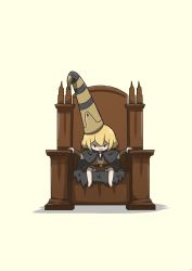 Rule 34 | 1girl, absurdres, barefoot, blonde hair, chibi, cloak, commentary, elden ring, english commentary, evil smile, fur cloak, helmet, highres, hololive, hololive english, phdpigeon, simple background, sitting, smile, smol ame, solo, throne, v-shaped eyebrows, vambraces, virtual youtuber, watson amelia, yellow background, yellow headwear, | |