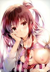 Rule 34 | 1girl, absurdres, blouse, blush, breasts, brown eyes, brown hair, closed mouth, collarbone, comic aun, fingernails, head rest, highres, looking at viewer, medium breasts, misaki kurehito, necktie, nipples, scan, shirt, simple background, smile, solo, white shirt