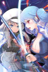 Rule 34 | 2girls, blue hair, blush, breasts, cabbie hat, cane, cleavage, corset, deeple, eisenwane (sword girls), grey eyes, grey hair, hat, holding, jacket, large breasts, long hair, lowres, luthica preventer, multiple girls, open mouth, pleated skirt, red eyes, skirt, striped, sword, sword girls, turtleneck, twintails, weapon