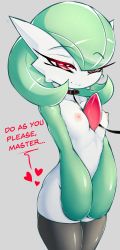 Rule 34 | 1girl, absurdres, black thighhighs, breasts, collar, covering privates, covering crotch, creatures (company), english text, fir3born, game freak, gardevoir, gen 3 pokemon, green hair, grey background, heart, highres, leash, nintendo, nipples, nude, pale skin, petite, pokemon, pokemon (creature), red eyes, short hair, simple background, small breasts, smile, solo, thighhighs, thighs