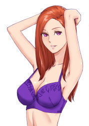 1girl armpits arms_up bra breasts cleavage danchizuma_collection female_focus kaburagi_yuki long_hair looking_at_viewer mature_female official_art original parted_lips purple_eyes red_hair shiny_skin simple_background smile solo strap_gap underwear white_background