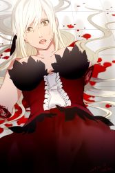 Rule 34 | 10s, 1girl, amputee, blonde hair, blood, breasts, breasts apart, commentary request, dress, guro, highres, kiss-shot acerola-orion heart-under-blade, kizumonogatari, large breasts, long hair, looking at viewer, lying, monogatari (series), on back, open mouth, oshino shinobu, red dress, sofy, solo, tears, tile floor, tiles, very long hair, yellow eyes