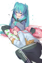 Rule 34 | 2girls, absurdres, aqua eyes, aqua hair, artist name, bad id, bad twitter id, black jacket, commentary, drawstring, expressionless, closed eyes, green pants, half-closed eyes, hatsune miku, highres, hood, hooded jacket, jacket, knees apart feet together, lap pillow, long hair, megurine luka, multiple girls, pants, pillow, pink hair, sleeping, smile, spring onion print, track pants, twintails, twitter username, very long hair, vocaloid, wanaxtuco, white background, white jacket