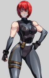 1girl black_gloves black_leotard bodysuit breasts closed_mouth commission dino_crisis elbow_gloves fingerless_gloves gloves highres leotard looking_at_viewer oggy_(oggyoggy) pixiv_commission red_hair regina_(dino_crisis) short_hair simple_background skin_tight solo turtleneck