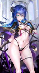 Rule 34 | 1girl, absurdres, aqua eyes, arknights, black bra, black choker, black gloves, black panties, blue hair, blue tongue, bra, breasts, capelet, choker, colored tongue, contrapposto, finger to mouth, floating hair, gloves, gluteal fold, groin, halo, highleg, highleg panties, highres, horns, long hair, looking at viewer, medium breasts, mostima (arknights), mostima (spellbreaker) (arknights), navel, official alternate costume, panties, partially fingerless gloves, pottsness, smile, solo, standing, stomach, string panties, tail, thighs, tongue, tongue out, twitter username, underwear, wide hips