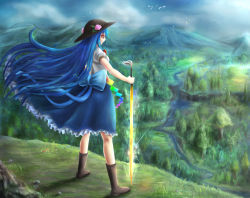 Rule 34 | 1girl, bird, black hat, blue hair, boots, bow, cliff, cloud, cloudy sky, day, dress, facing away, food, forest, fruit, full body, glint, grass, grin, hat, hinanawi tenshi, leaf, legs apart, long hair, mountain, nature, peach, red eyes, river, satoji (ochanomkmskry), scenery, short sleeves, sky, smile, solo, standing, sword of hisou, tassel, touhou, very long hair, water, waterfall
