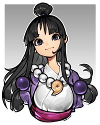 Rule 34 | 1girl, absurdres, ace attorney, bead necklace, beads, black eyes, black hair, gradient background, grey background, hair beads, hair ornament, highres, hoai vu, jewelry, long hair, magatama, magatama necklace, maya fey, necklace, solo, topknot