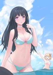 Rule 34 | 2girls, absurdres, bare shoulders, bikini, black hair, blue bikini, blue sky, bow, breasts, choker, closed eyes, cloud, cloudy sky, collarbone, commentary, day, egert, gluteal fold, hair ribbon, hand up, highres, inoue takina, large breasts, long hair, looking at viewer, lycoris recoil, micro bikini, multiple girls, navel, nishikigi chisato, open mouth, outdoors, parted lips, pink bikini, pink bow, purple eyes, red ribbon, ribbon, sky, string bikini, swimsuit, thighs, underboob, wading, water