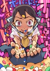 Rule 34 | 1girl, black hair, cupping hands, highres, hounori, original, own hands together, pill, pink eyes, skirt, solo, tears, tongue, tongue out