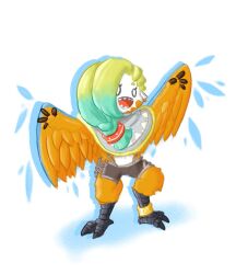 Rule 34 | 1girl, alienelitecrew, animal ears, anklet, bird ears, bird legs, black shorts, blonde hair, blue feathers, blue wings, borrowed character, braid, commentary, feathered wings, feathers, gradient hair, grey poncho, harpy, highres, jewelry, long hair, mako (eogks), midriff, monster girl, multicolored hair, navel, open mouth, orange feathers, orange wings, original, sharp teeth, shorts, simple background, single braid, solo, spread wings, talons, teeth, two-tone wings, white background, winged arms, wings