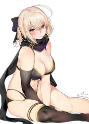 Rule 34 | 1girl, absurdres, ahoge, bare shoulders, bikini, black bikini, black gloves, black scarf, black thighhighs, blonde hair, blush, bow, breasts, brown eyes, cleavage, fate/grand order, fate (series), gloves, hair between eyes, hair bow, highres, large breasts, looking at viewer, marushin (denwa0214), navel, okita j. souji (fate), okita j. souji (first ascension) (fate), okita souji (fate), okita souji (koha-ace), open mouth, scarf, short hair, simple background, single glove, single thighhigh, smile, solo, swimsuit, thigh strap, thighhighs, thighs, white background