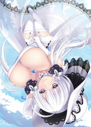 Rule 34 | 1girl, azur lane, black footwear, blue eyes, blue gemstone, breasts, cleavage, detached collar, dress, elbow gloves, garter straps, gem, gloves, hat, highres, illustrious (azur lane), lace, lace-trimmed dress, lace-trimmed headwear, lace trim, large breasts, long hair, looking at viewer, see-through, see-through dress, sleeveless, sleeveless dress, sogegin, solo, strapless, strapless dress, sun hat, thighhighs, upside-down, very long hair, white dress, white garter straps, white gloves, white hair, white hat, white theme, white thighhighs